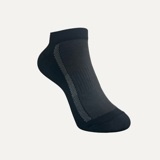 A single black ankle sock with a ribbed top cuff and a mesh-like textured strip along the side, displayed on a plain white background.