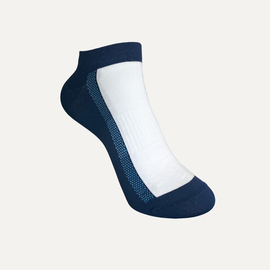 A single ankle-length athletic sock with a white top and navy blue heel, toe, and sides, displayed on a plain white background.