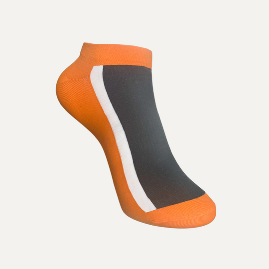 Ankle-length sock with orange heel, toe, and cuff, a dark gray body, and a white vertical stripe along the side, displayed on a plain white background.