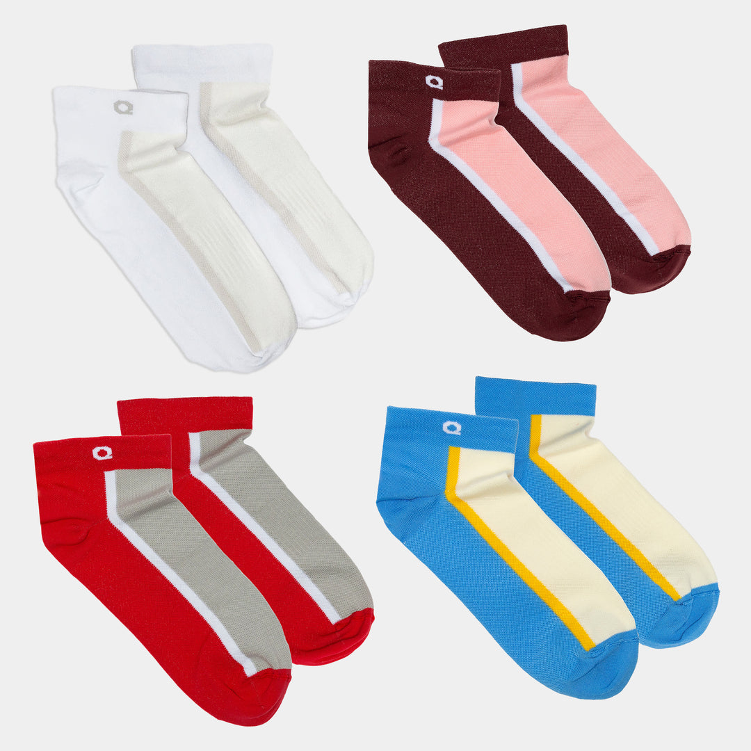 Four pairs of ankle socks in different color combinations: white with gray, maroon with pink, red with gray, and yellow with blue accents, all laid out flat on a white background.