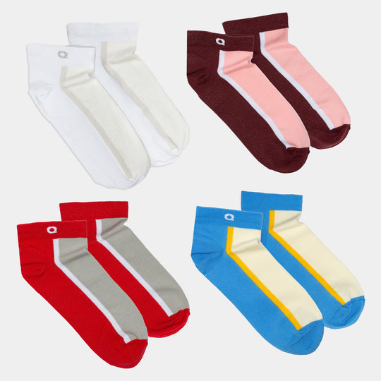 Four pairs of ankle socks in different color combinations: white with gray, maroon with pink, red with gray, and yellow with blue accents, all laid out flat on a white background.