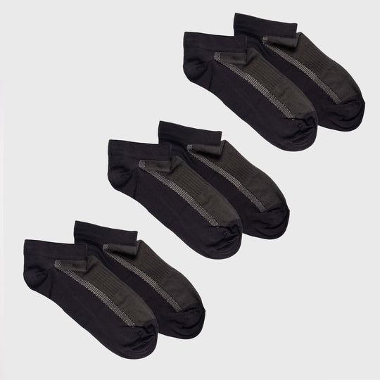 Three pairs of black and dark gray ankle socks with a gray vertical stripe detail, neatly arranged on a light gray background.