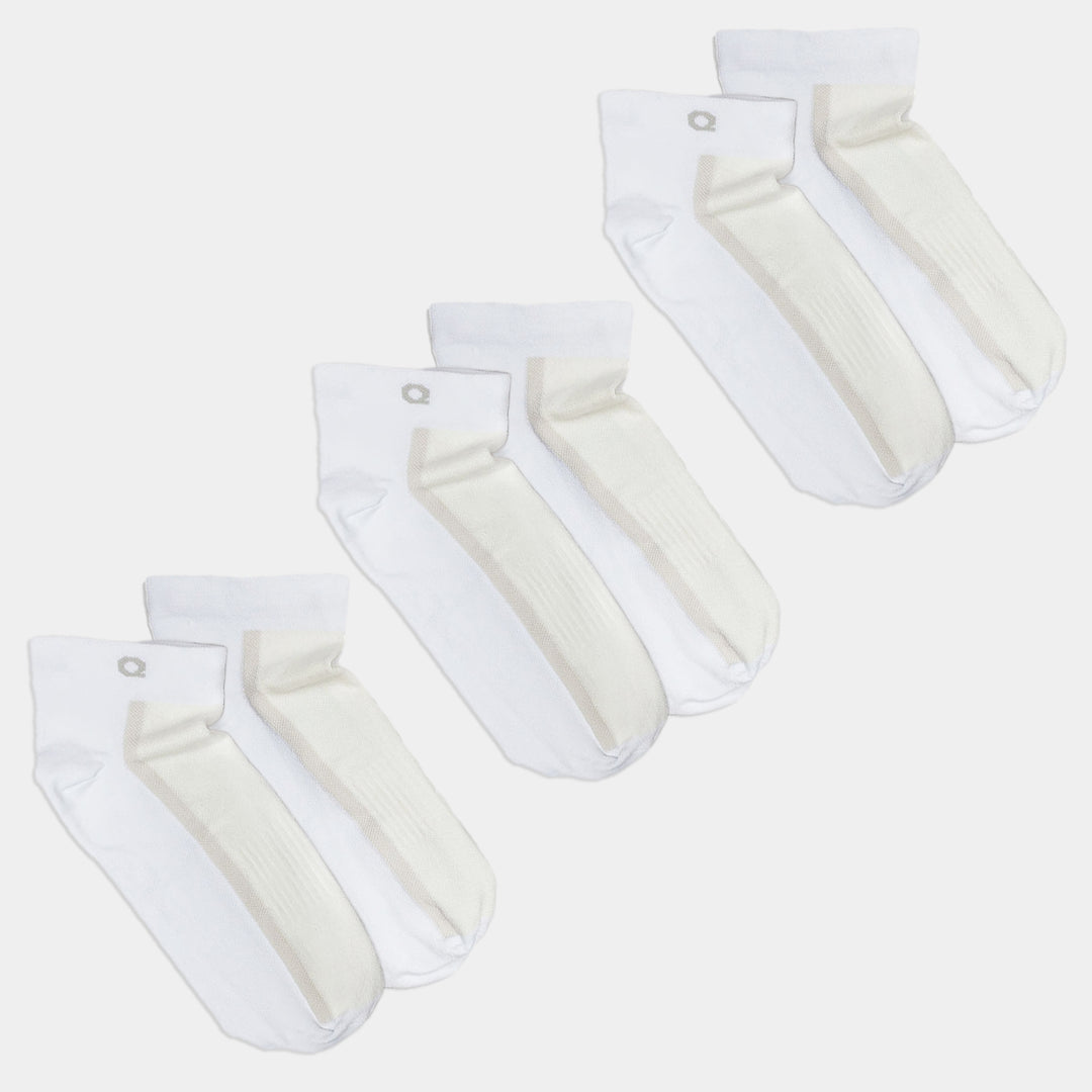Three pairs of white ankle socks with ribbed detailing and a small gray logo near the cuff, displayed on a plain white background.