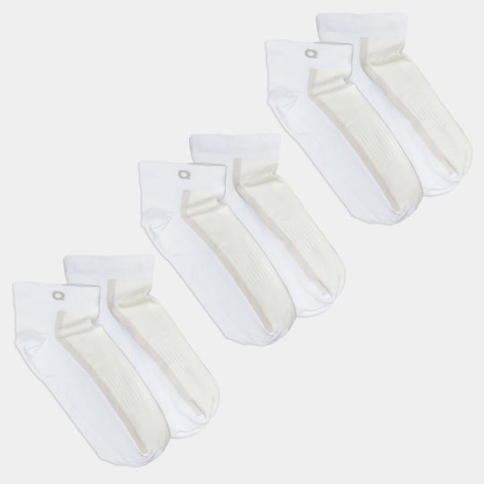 Three pairs of white ankle socks are laid out side by side on a plain white background. Each pair is neatly arranged with one sock placed slightly over the other.