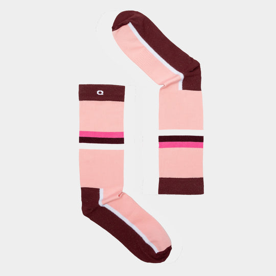 Two pink socks with maroon toes, heels, and cuffs are arranged to form the shape of the letter P. The socks have horizontal maroon and pink stripes near the top.