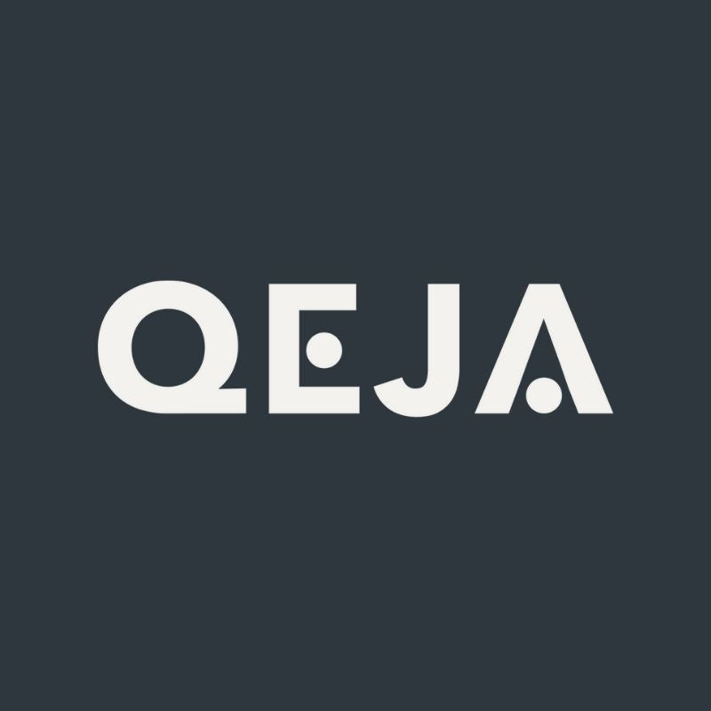 White, bold, geometric letters spelling QEJA on a dark gray background. The E and A each feature a circular dot, giving the text a modern, minimalist design.