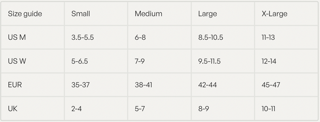 A size guide chart showing Small, Medium, Large, and X-Large for US M, US W, EUR, and UK shoe sizes, with corresponding size ranges for each category.