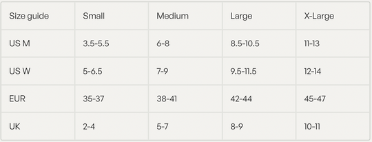A size guide chart showing Small, Medium, Large, and X-Large for US M, US W, EUR, and UK shoe sizes, with corresponding size ranges for each category.