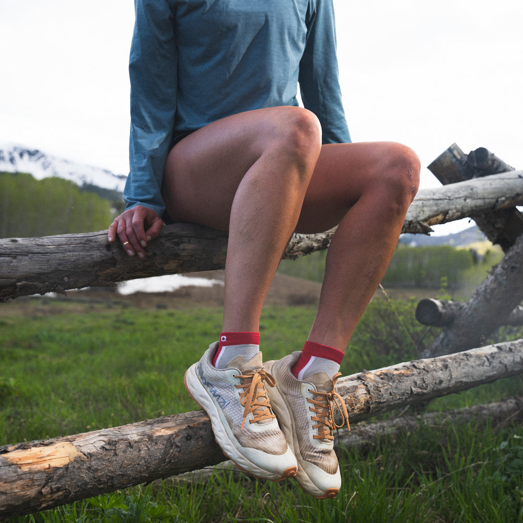 A person wearing a blue long-sleeve shirt and running shoes sits on a wooden fence outdoors, with green grass and trees in the background and snow-capped mountains in the distance.
